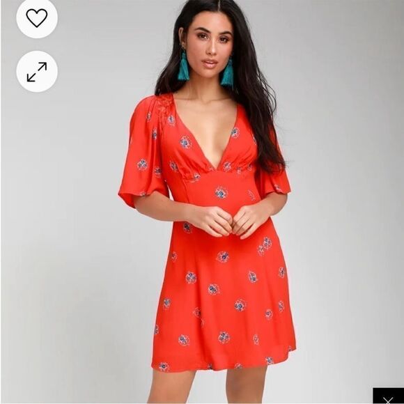 Free People Mockingbird Coral Red Floral Backless Mini Dress - Picture 1 of 8